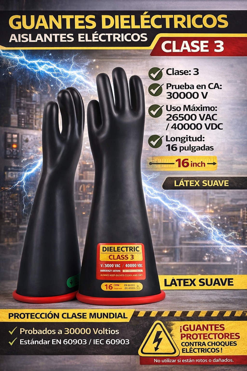 Guantes Dieléctricos Clase 3 26.5kV | Guantes Aislantes Alta Tensión para Electricistas