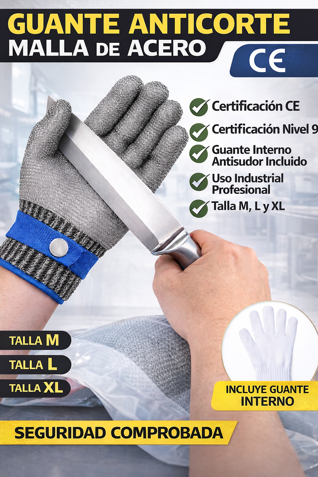 Guante Anticorte de Malla de Acero Inoxidable Nivel 9 | Guante de Seguridad Industrial Certificado